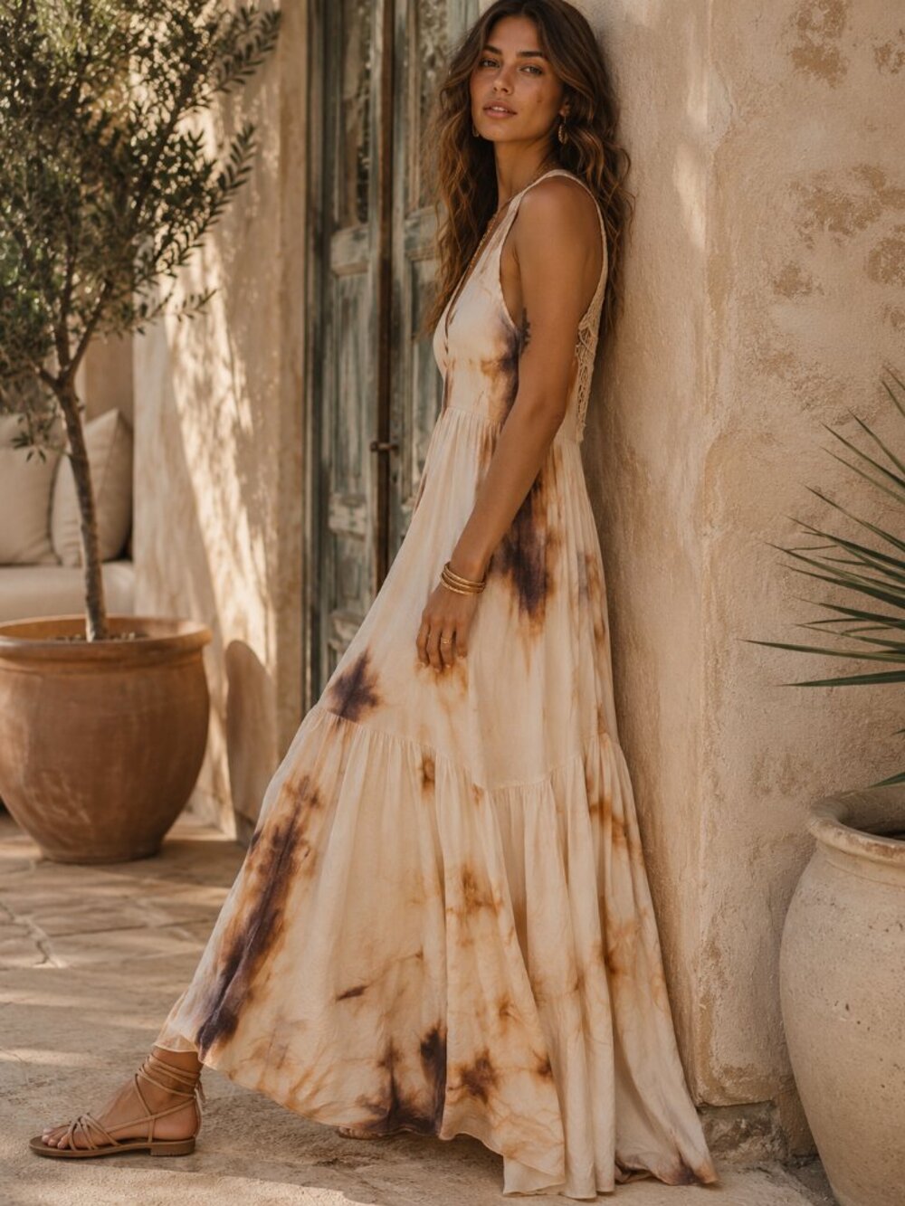 ENTREAGUAS Tie Dye Maxi Dress XS Crochet Macrame Back Anthropologie Boho Luxe